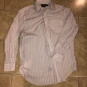 Lauren Ralph Lauren non iron stripe shirt. Pink and Black  stripes on white.